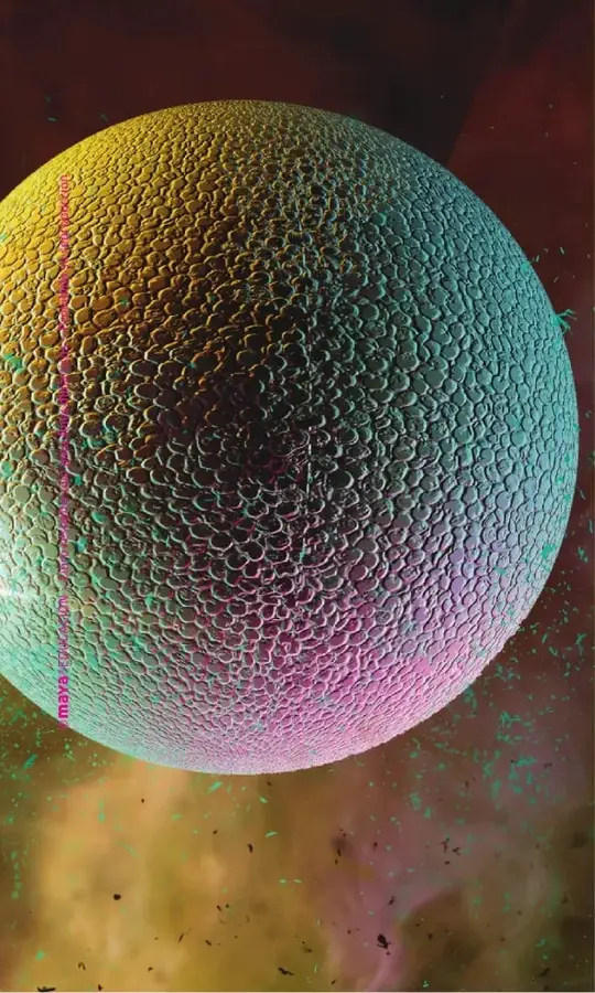 Imagen ampliada de una estructura celular o biológica con apariencia esférica y textura formada por numerosas unidades repetidas.