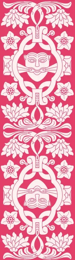 Ilustración decorativa de color rosa con motivos florales y dos rostros humanos estilizados dentro de óvalos, de estilo inspirado en el arte popular mexicano.