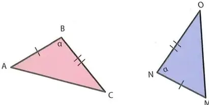 Dos triángulos coloreados muestran dos lados y el ángulo comprendido marcados para representar el criterio LAL.