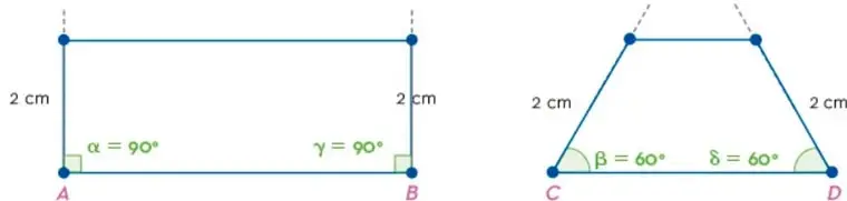 Trapecio con base CD de 2 cm, ángulos β = 60° y δ = 60°, lados oblicuos de 2 cm.