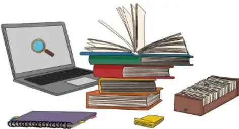 Ilustración de una laptop con lupa en pantalla, una pila de libros abiertos y cerrados, un cuaderno espiral y una caja con fichas o tarjetas, junto con la leyenda 'Alejandra Lara Vázquez, Ciudad de México'.