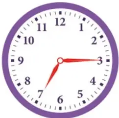Cuatro relojes analógicos con marco morado: primero con manecillas en 10:35, segundo en 7:15, tercero en 10:15 y cuarto en 9:55.