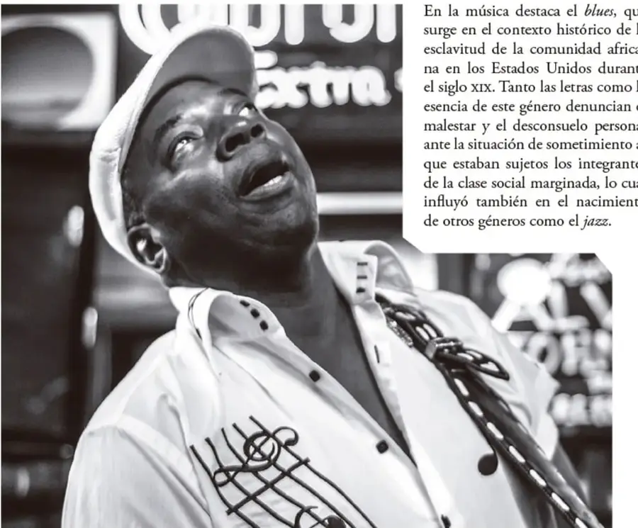 Fotografía en blanco y negro de un músico afroamericano con sombrero, cantando con expresión intensa; viste camisa blanca con un pentagrama musical dibujado sobre el pecho; fondo con letreros de neón, evocando el entorno urbano del blues.