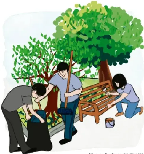 Ilustración de tres personas limpiando y pintando un banco en un parque con árboles: una persona recolecta basura en una bolsa, otra barre y una tercera pinta el banco. Pie de foto: Filomena Tun Cocon, Quintana Roo.