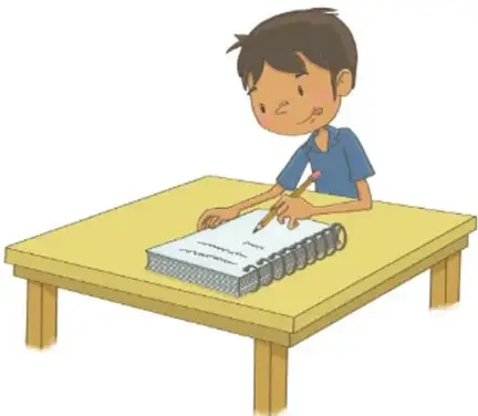 Ilustración de un niño sentado en una mesa amarilla escribiendo en un cuaderno, firma: Maya Selene García López, CIUDAD DE MÉXICO.