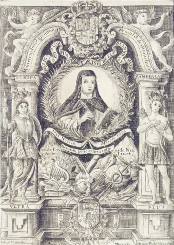 Grabado alegórico de Sor Juana Inés de la Cruz rodeada de alegorías de Europa y América, con querubines y escudos, representando su fama transatlántica.