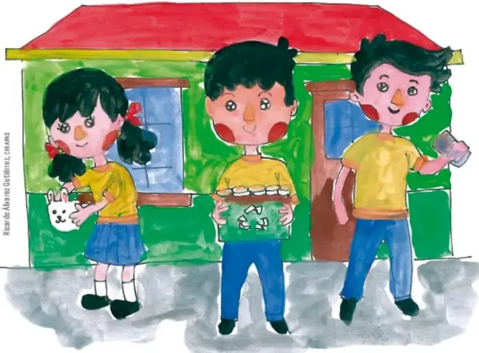 Ilustración de tres estudiantes frente a una casa verde con techo rojo; sostienen objetos elaborados con materiales reutilizados, como un portalápices y una caja.