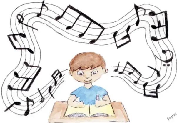 Niño sentado escribiendo en un cuaderno, rodeado por un pentagrama ondulado con notas musicales.