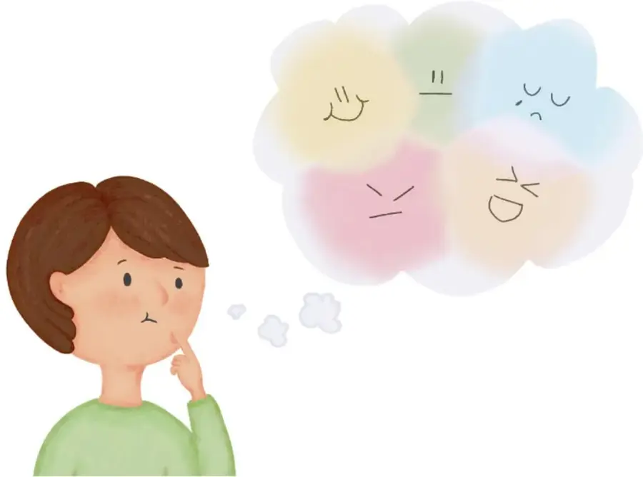 Ilustración de una niña pensando con el dedo en la boca, con una nube de pensamiento que contiene cinco rostros con distintas expresiones emocionales (sonrisa, enojo, tristeza, fastidio, calma).