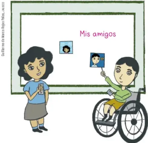 Ilustración de una niña y un niño en silla de ruedas montando una muestra con el título 'Mis amigos'; colocan fotografías en un tablero.