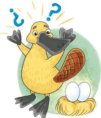 Ornitorrinco amarillo con signos de interrogación, junto a un nido con dos huevos.