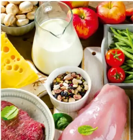 Fotografía de alimentos variados: leche en jarra, queso, manzanas, jitomates, carne, granos y semillas.