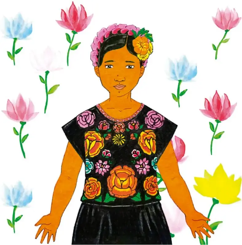Ilustración de una niña con huipil bordado rodeada de flores, de Jesús González Romero, Oaxaca.