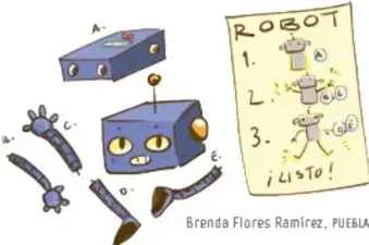 Ilustración de un robot armándose con la secuencia de pasos 1, 2, 3, ¡LISTO! — Textos instructivos, obra de Brenda Flores Ramírez, Puebla.