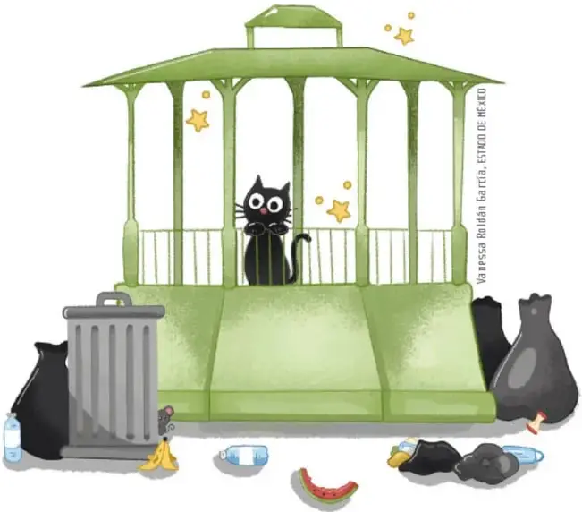 Ilustración de un quiosco o kiosco verde con un gato negro, rodeado de bolsas de basura, una botella plástica, cáscaras de fruta y otros residuos dispersos en el suelo, junto a un bote de basura gris.