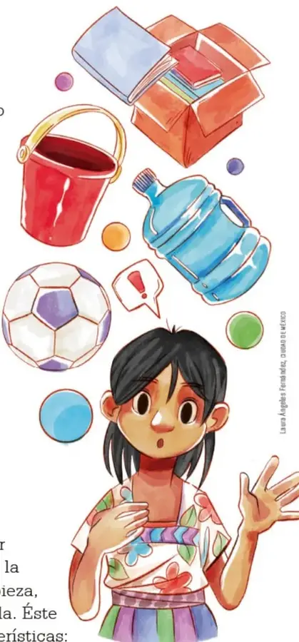 Ilustración de una niña con objetos escolares: caja con libros, cubeta roja, botella azul, balón de fútbol y canicas.