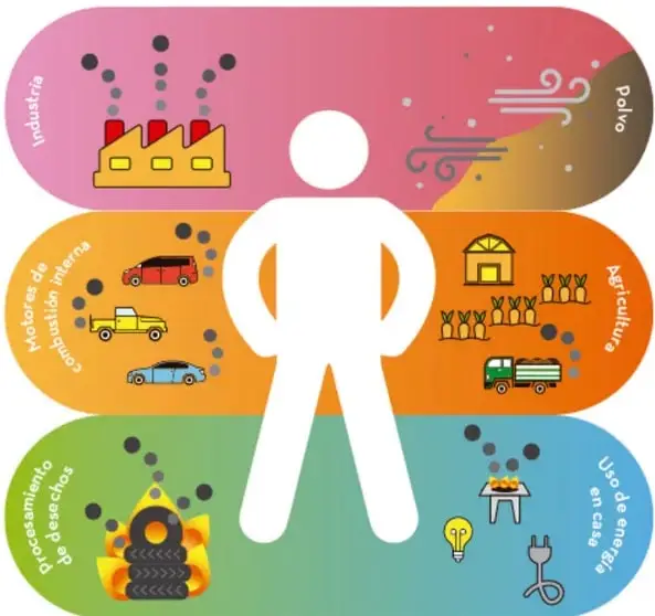 Infografía con una silueta humana blanca rodeada de bandas de colores con iconos de actividades contaminantes: industria (fábricas), polvo, motores de combustión interna (autos), agricultura y ganadería, quema de desechos y uso de energía en casa. Texto superior: 'Algunas actividades humanas que contaminan el aire y afectan a los seres vivos'. Texto inferior: 'La solución al problema debe ser mediante la cooperación de todos los países'.