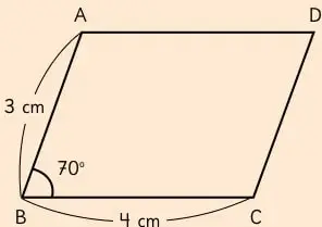 Paralelogramo ABCD con AB=3 cm, BC=4 cm y ángulo ABC=70°.