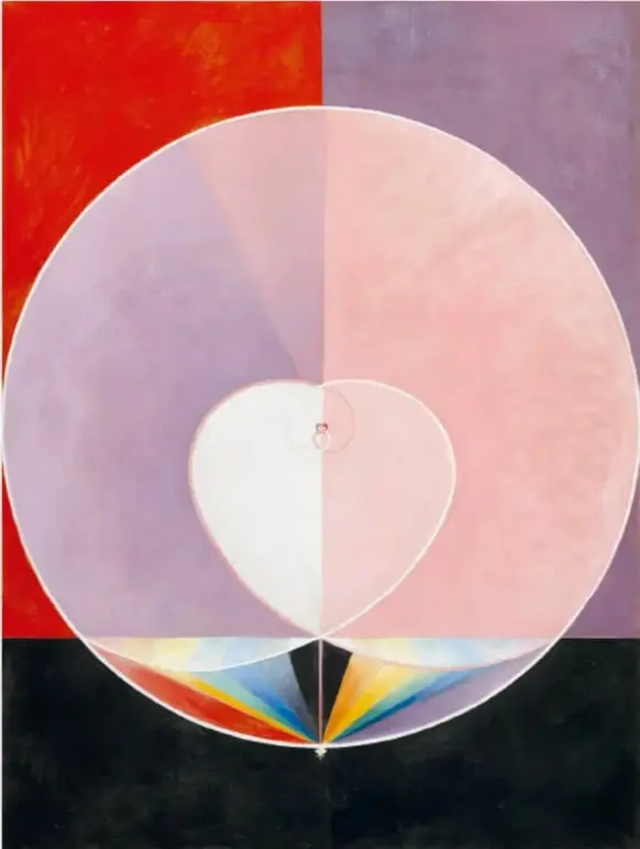 Composición circular dividida en campos de color rojo, violeta, rosa y blanco, con un corazón blanco al centro y un eje vertical. Corresponde a La Paloma núm. 2, 1915, de Hilma af Klint.