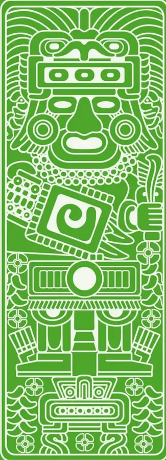 Ilustración verde de estilo mesoamericano: figura antropomorfa con rasgos estilizados (ojos, nariz, dentadura), penacho, elementos geométricos y discos, enmarcada en un rectángulo con doble filete; evoca un glifo o deidad prehispánica asociada a rituales.