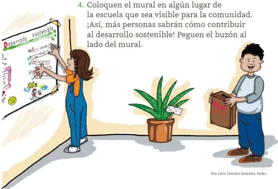 Ilustración de una niña pegando en la pared un mural titulado 'Desarrollo sostenible' con la sección 'Acciones'.