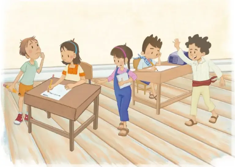 Ilustración de cinco estudiantes en un aula de piso de madera; algunos sentados en bancas escribiendo y otros de pie conversando, representando el trabajo en comunidad.
