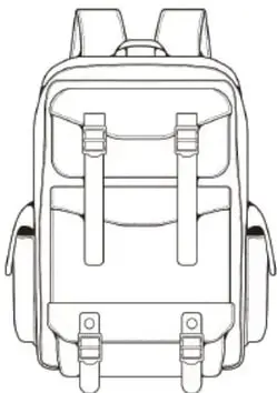 Dibujo lineal de una mochila escolar con correas y bolsillos, para colorear y anotar alrededor.