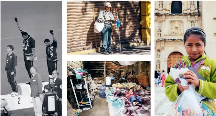 Tres atletas en un podio de premiación; los dos primeros levantan el puño como gesto de protesta; fotografía en blanco y negro, referencia a los Juegos Olímpicos de 1968.