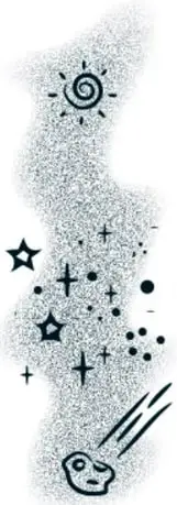 Ilustración de cielo nocturno con estrellas, cometa y soles en tonos grises y azules sobre mancha difuminada.