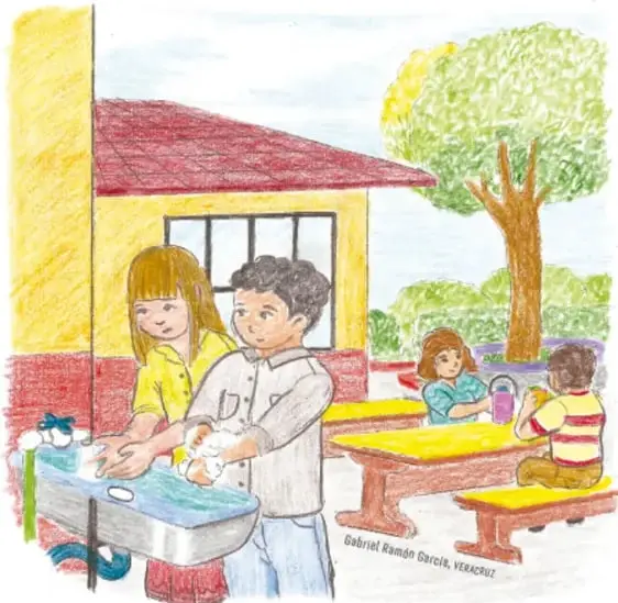 Ilustración de dos niños lavándose las manos en un lavadero, mientras otros dos compañeros están sentados en mesas del patio escolar.