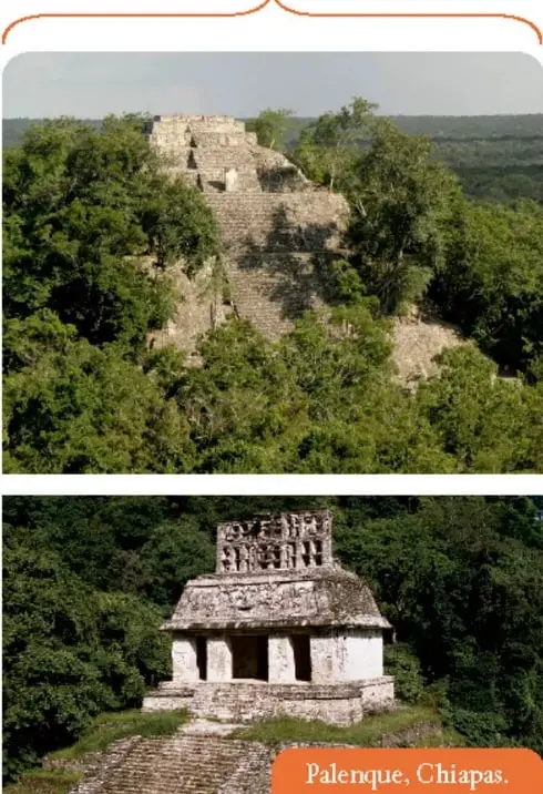 Fotografía de una estructura maya en Palenque, Chiapas, con un edificio de piedra y escaleras.
