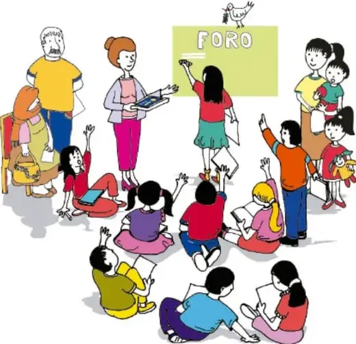 Ilustración de una asamblea escolar: niñas y niños sentados en el piso levantan la mano, una niña escribe en un cartel que dice «FORO», acompañados por familias y una maestra (Rutila Vega Rubio, Tlaxcala).