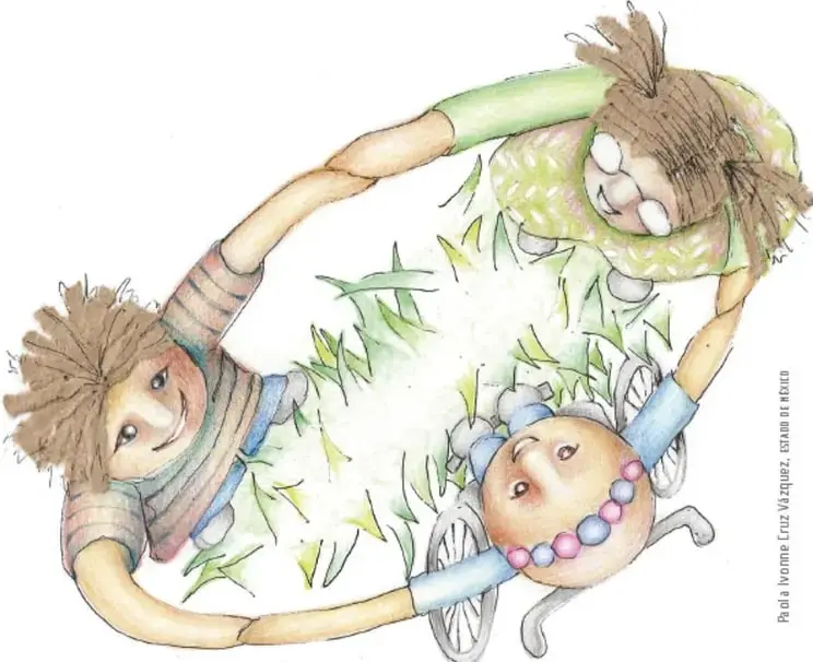 Ilustración de tres niñas de pie formando un círculo tomadas de las manos, sobre pasto; una de ellas usa silla de ruedas. Crédito: Paola Ivonne Cruz Vázquez, estado de Hidalgo.