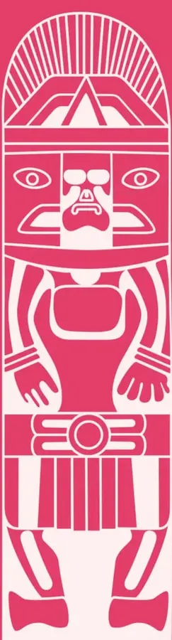 Ilustración estilizada en color rosa y blanco de una figura prehispánica o africana tallada, con tocado radiado, rostro con ojos grandes, brazos y piernas, sobre fondo rosa. Acompaña la apertura del tema.
