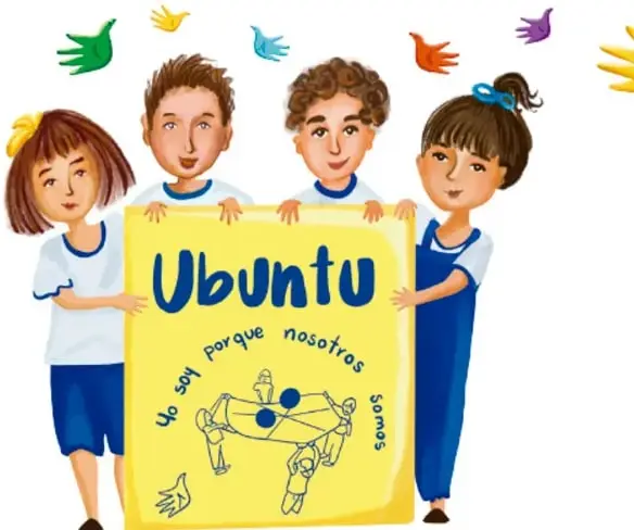 Ilustración de cuatro niños y niñas que sostienen un cartel amarillo con la palabra "Ubuntu", la frase "Yo soy porque nosotros somos" y figuras de personas tomadas de las manos; alrededor vuelan manos y palomas de colores. Crédito: Nidia Alejandra Hernández Hernández, Ciudad de México.