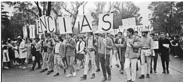 Fotografía de estudiantes marchando con pancartas.