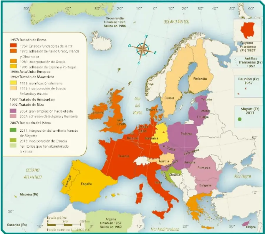 Mapa histórico de Europa titulado 'Mapa de la CEE a la UE', con leyenda de colores que muestra las etapas de ampliación desde 1957 hasta 2013, incluyendo territorios que abandonaron la UE como Groenlandia y Argelia.