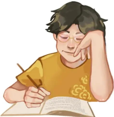 Ilustración de un estudiante de primaria con lentes, sentado en un escritorio, apoyando la cabeza en la mano mientras escribe en su cuaderno con un lápiz. Crédito: Abigail Godoy Araujo, Querétaro.