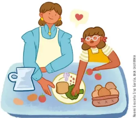 Ilustración de una madre y una niña preparando comida en la mesa, con alimentos y una jarra.