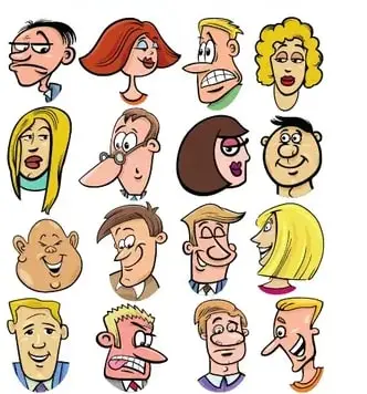 Conjunto de doce caricaturas de rostros con diferentes expresiones faciales (sonrisa, sorpresa, enojo, etc.) ilustrando la comunicación no verbal.