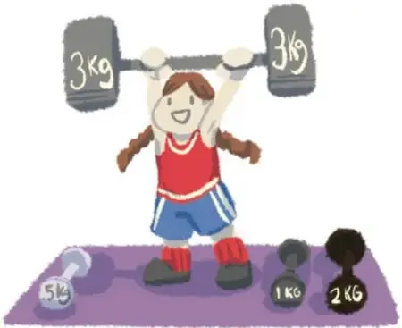 Ilustración de una niña levantando una barra con pesas de 3 kg en cada extremo, sobre una alfombra con mancuernas de 1 kg, 2 kg y 5 kg, mostrando entrenamiento de fuerza.