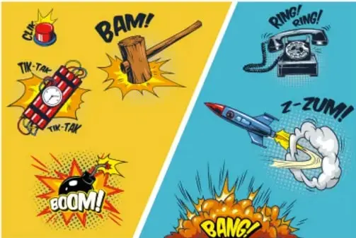 Onomatopeyas de cómic: BAM!, RING! RING!, TIK-TAK, BOOM!, Z-ZUM!, BANG! con los objetos que producen cada sonido.
