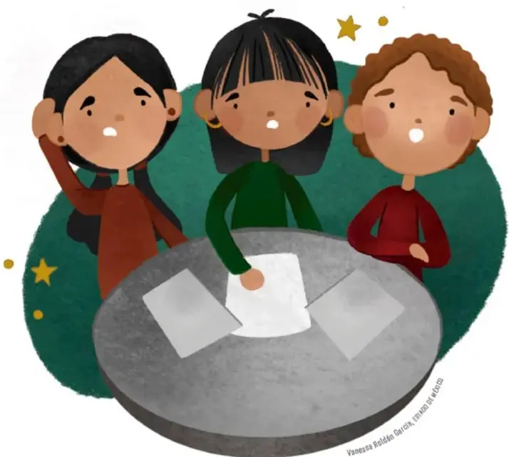Ilustración de tres estudiantes sentados alrededor de una mesa redonda con hojas de papel, dialogando en equipo. Alrededor hay estrellas decorativas.