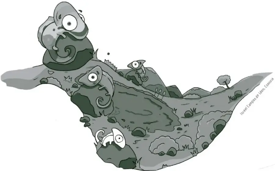 Ilustración de un paisaje montañoso en tonos grises con figuras abstractas que parecen ojos y rostros, evocando un mandala o totalidad. En la esquina inferior derecha se lee 'Israel Campos de León, Tabula'.