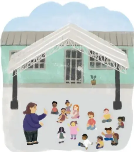 Ilustración de una maestra y niños reunidos frente a una escuela, representando el trabajo en pequeñas comunidades.