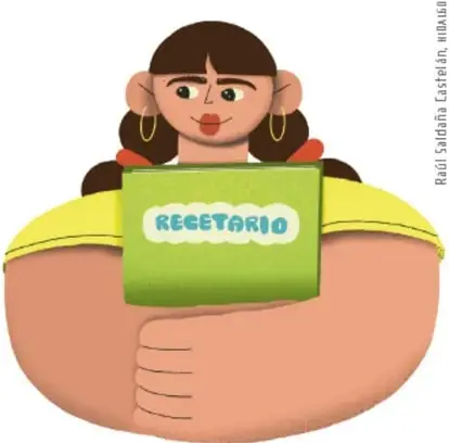 Niña de aretes dorados que abraza un libro verde con la palabra 'RECETARIO'.