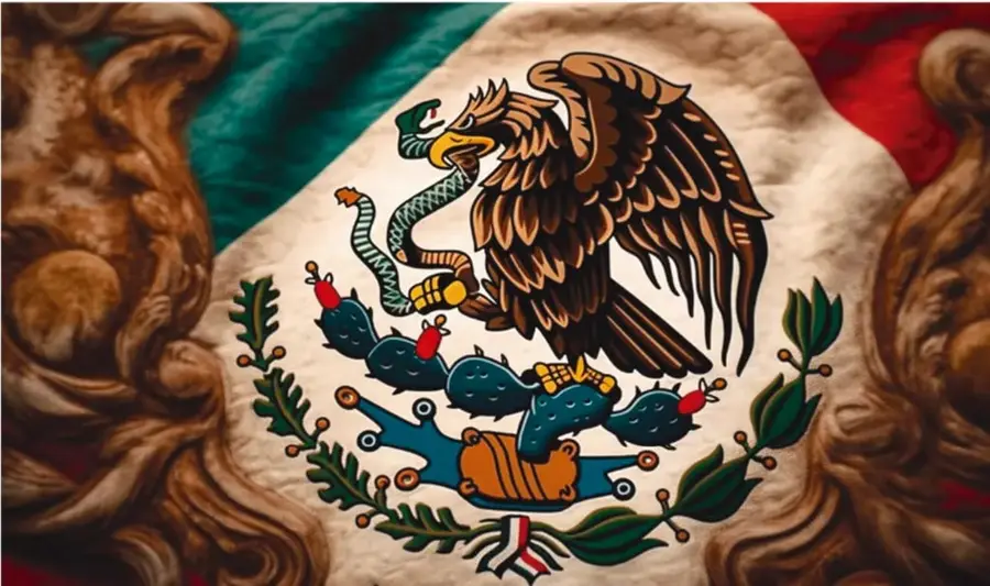 Escudo nacional de México (águila devorando una serpiente sobre nopal, con ramas de olivo y laurel) sobre el fondo tricolor de la bandera mexicana.