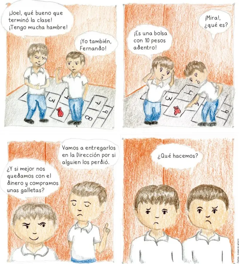 Dos niños salen de clase; uno dice que tiene hambre y el otro también.