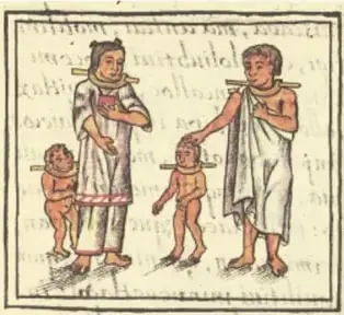 Ilustración del Códice Mendoza: mujeres tejiendo en telar de cintura e hilando con un huso.