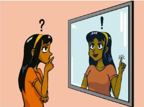 Ilustración de una estudiante frente a un espejo; en el espejo se refleja con signo de exclamación mientras ella muestra signo de interrogación, simbolizando la autoevaluación. Crédito: Mauricio Reyes Valle, MORELOS.